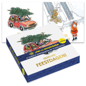 Jan van Haasteren kerstkaartenmapje / Boom op auto - Glijden van het dak